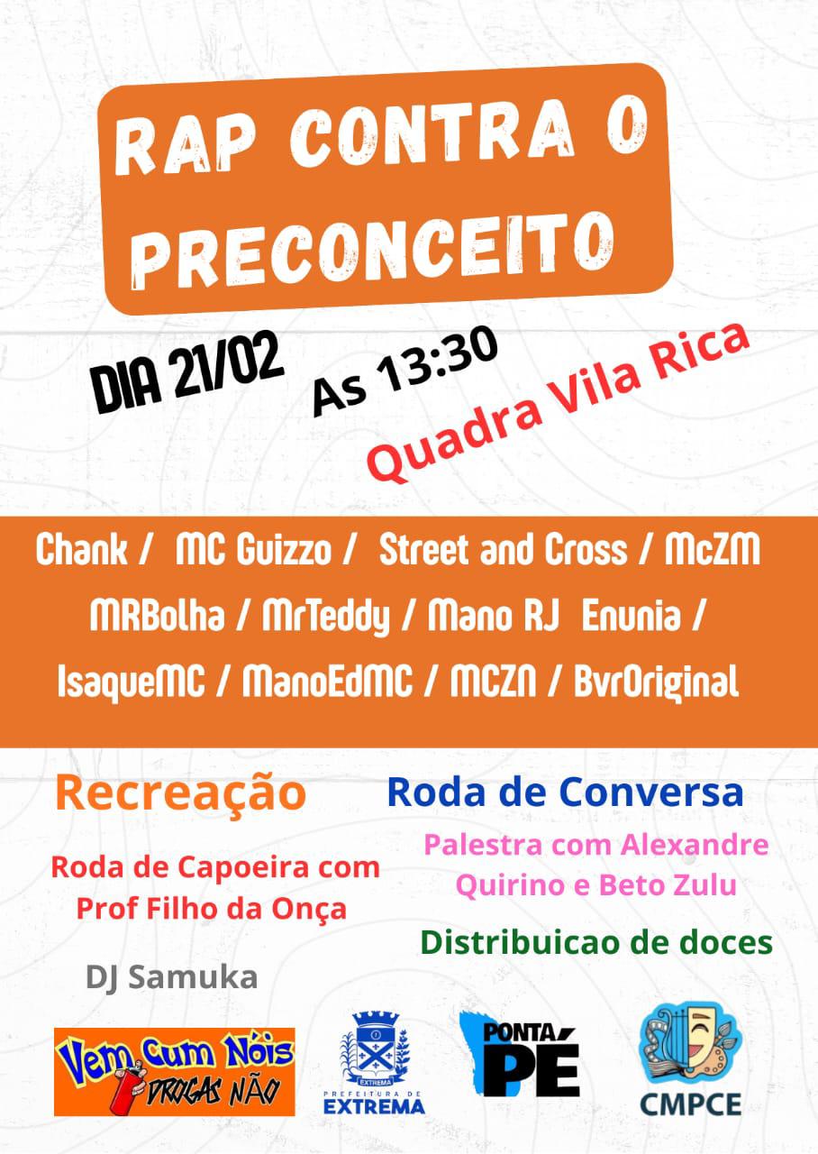 Extrema promove ‘Rap Contra o Preconceito’ com maratona cultural e palestras antirracista