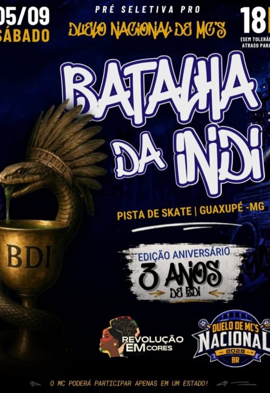 Neste sábado (05) tem aniversário de 3 anos da Batalha da INDI e pré-seletiva para o Duelo Nacional de MCs